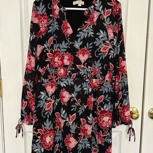 LOFT Black and Red Floral Long Sleeve Dress